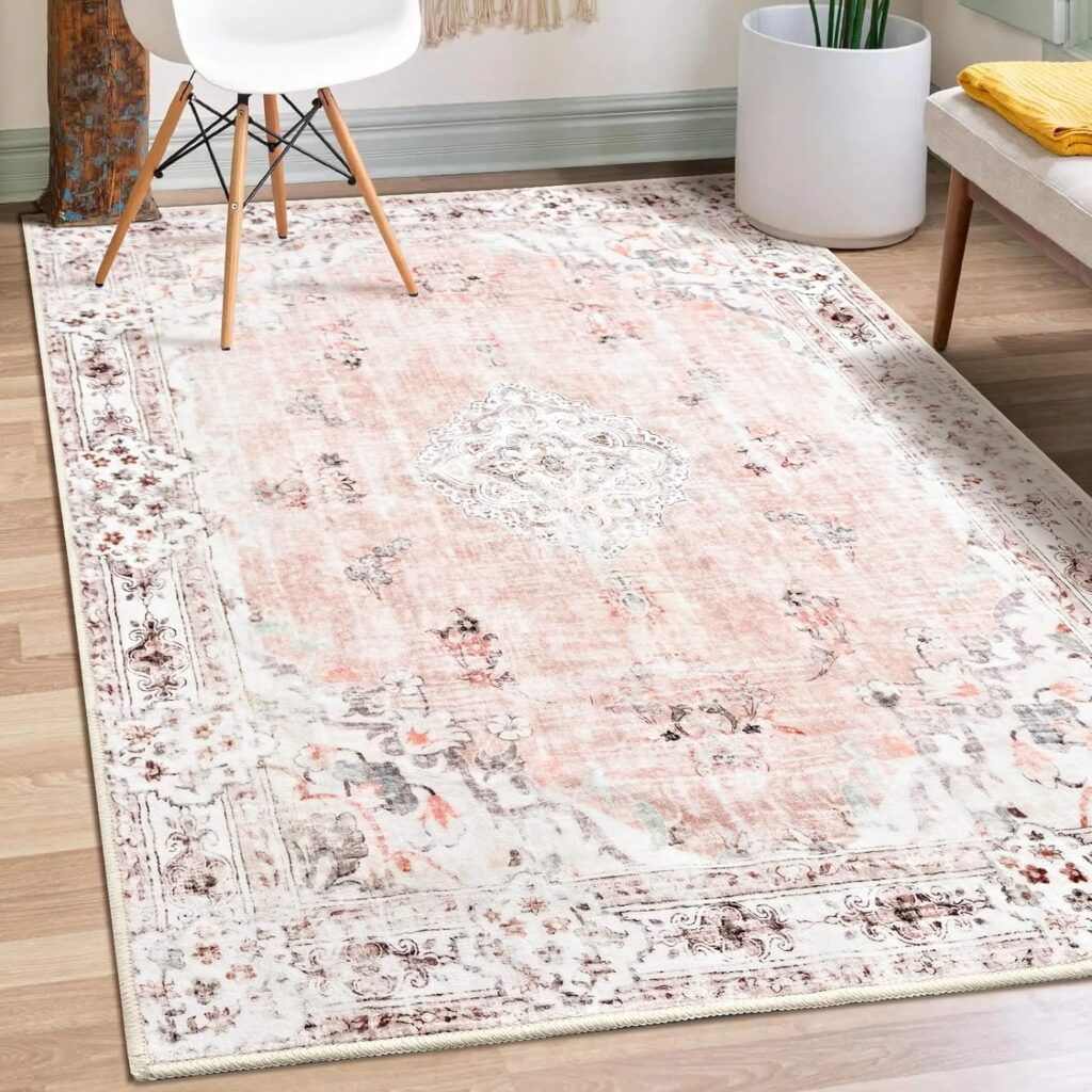 MUJOO Pink Rug 6x9 Area Rugs for Living Room Washable Rugs Large Boho Carpet for Bedroom Dining Room Neutral Vintage Farmhouse Abstract Non Slip Soft Low-Pile Floral Flowers