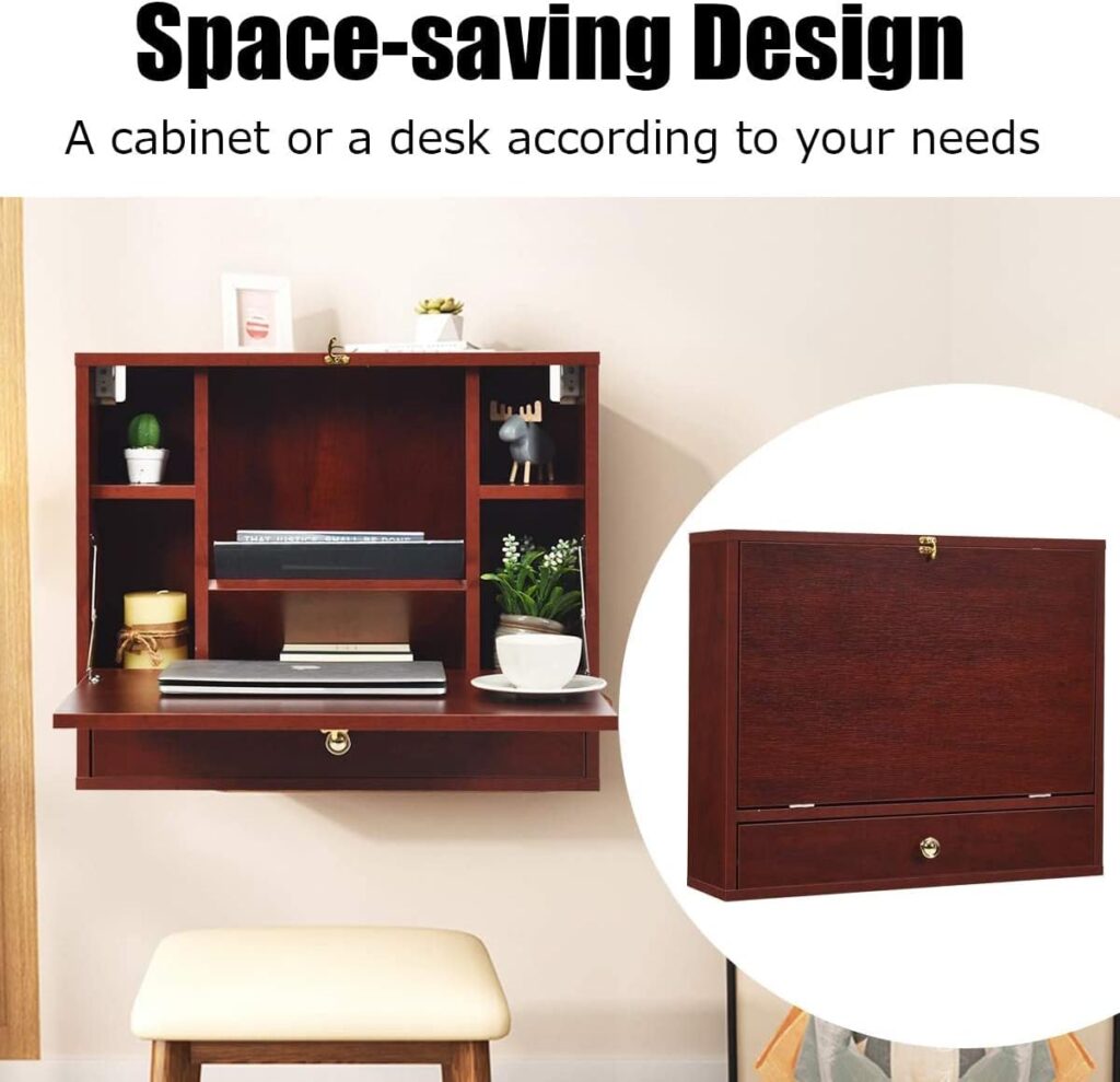 Multifunctional Home Office Workstation with Storage Compartments, Saving for Small Space, Brown Hanging Laptop Desk Wall-Mounted Folding Table