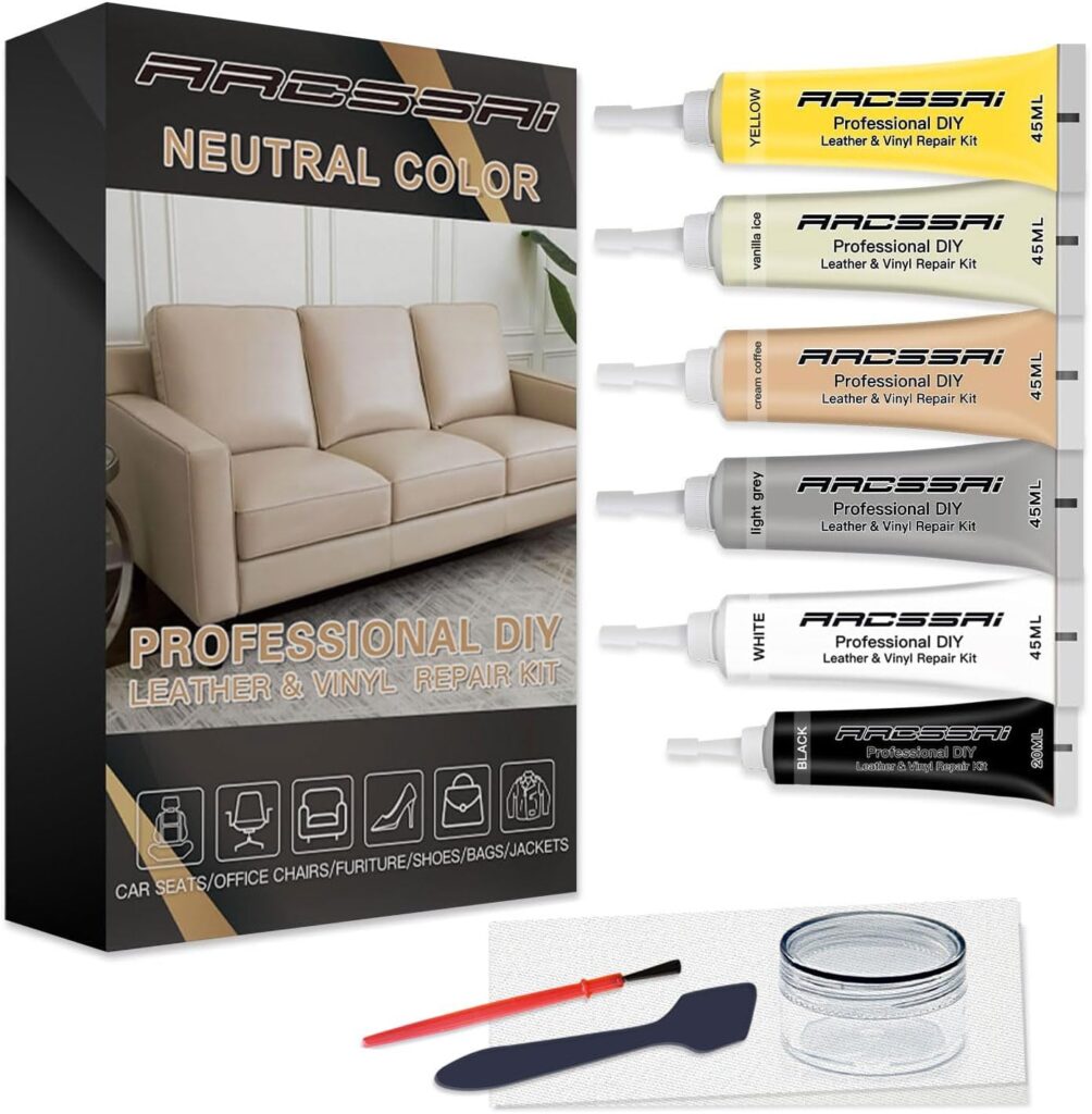 Neutral Color Leather Repair Kit for Furniture, Car Seats, Sofa, Jacket and Purse. PU Leather Repair Paint Gel. Repair Tears  Burn Holes. Provide Color Matching Guide  Super Easy Instructions