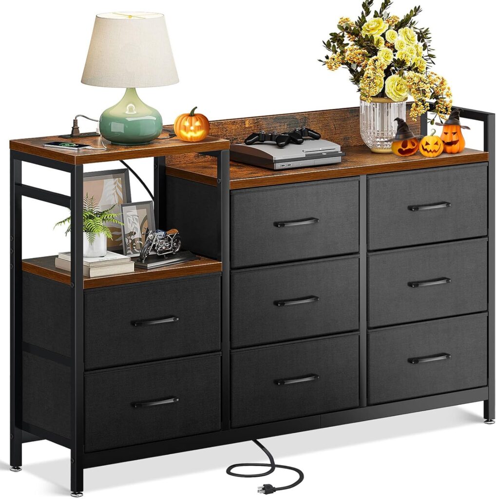 ODK Dresser with Charging Station, Wide Dresser 52 Long Dresser for Bedroom Dresser with 8 Drawers, Chest of Drawers Easy-Pull Fabric Dressers for Closet, Living Room, Hallway, Vintage and Black