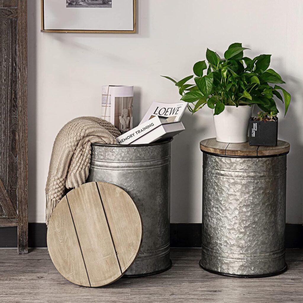 oneinmil Rustic Storage Bins Farmhouse End Table Farmhouse Furniture Galvanized Metal Stool Ottoman Seat with Round Wood Lid Set of 2