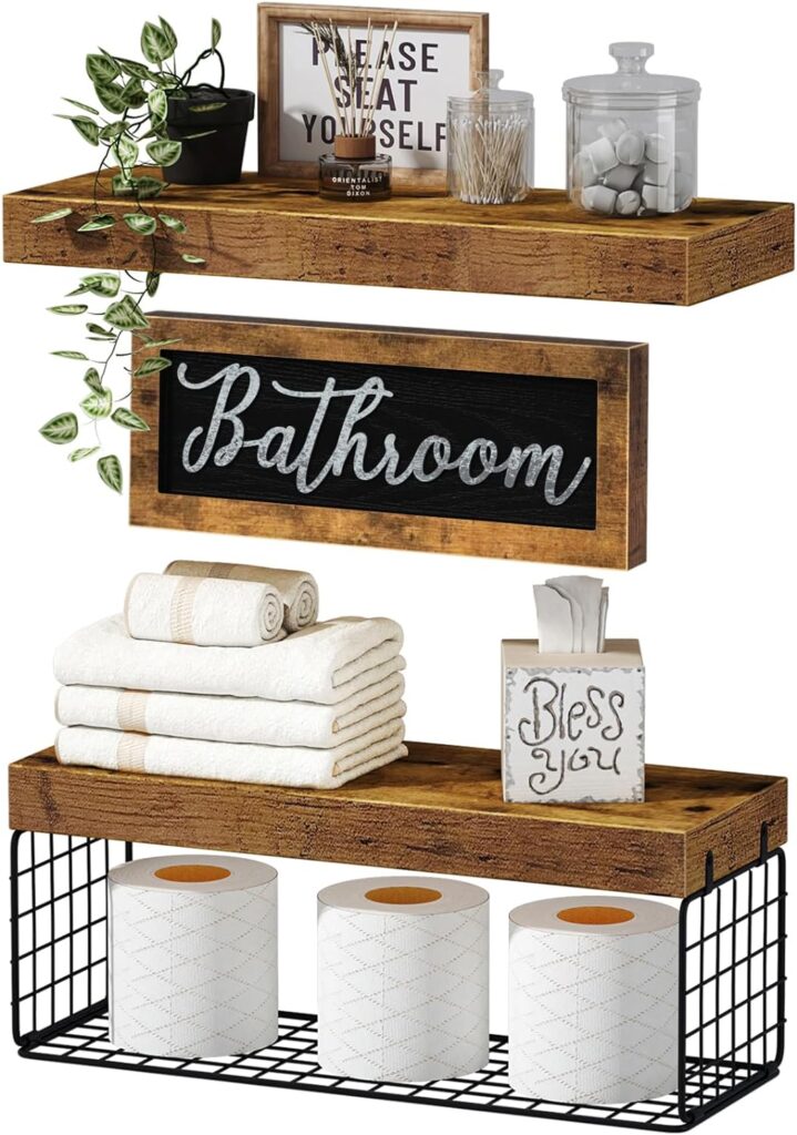 QEEIG Bathroom Decor Shelves, Bathroom Furniture Sets Farmhouse Decorations Aesthetic Décor Sign Small Floating Wall Shelf Over Toilet 2+1 Set 16 inch, Rustic Brown