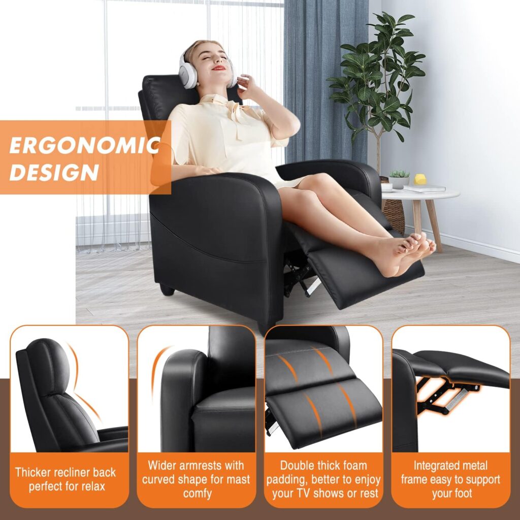 Recliner Chair for Living Room, PU Leather Massage Recliner Chair Winback Single Sofa Home Theater Chairs Adjustable Modern Reclining Chair with Padded Seat Backrest for Adults (Black)