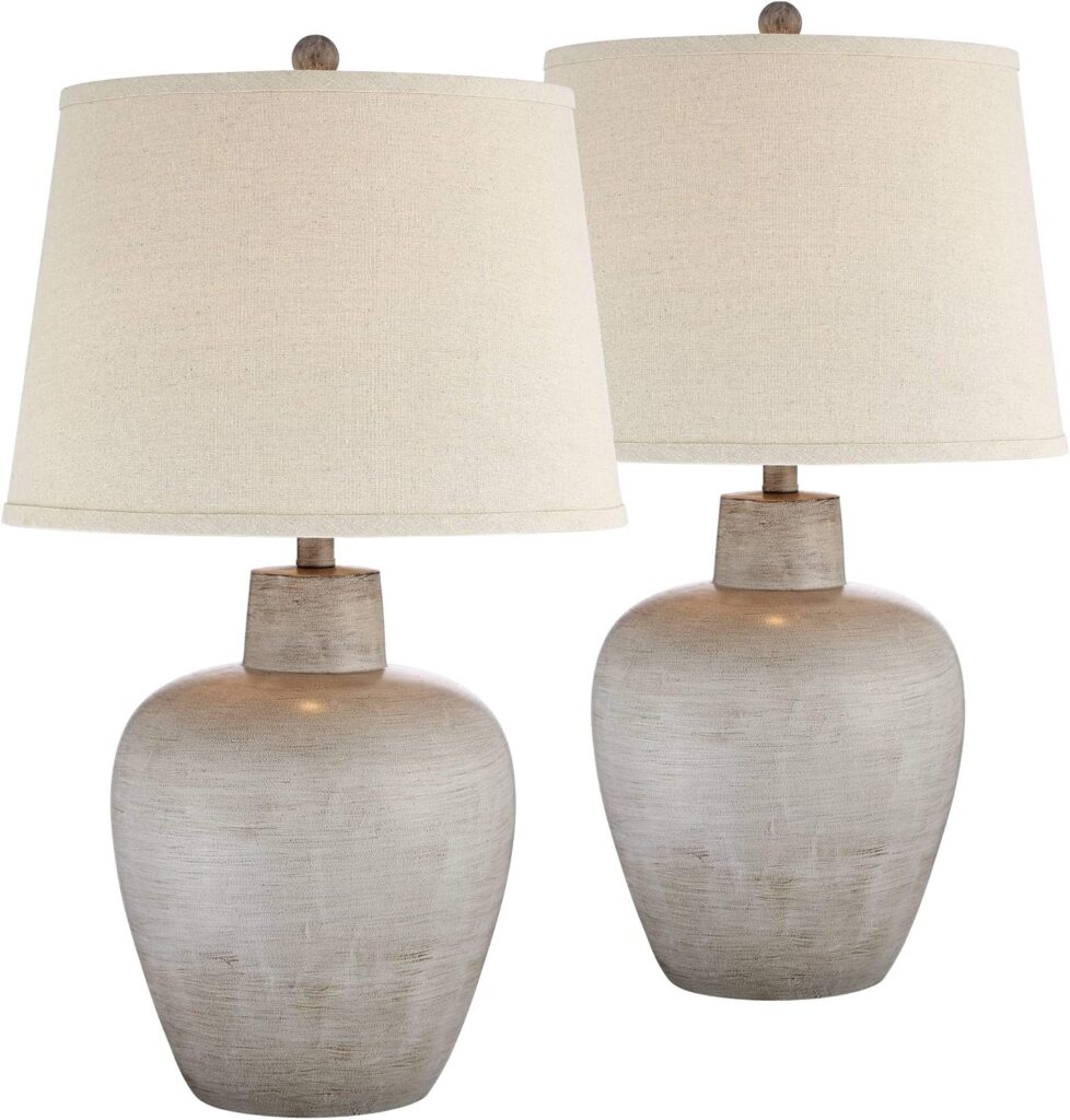 Regency Hill Glenn Rustic Country Cottage Style Table Lamps 27 Tall Set of 2 Southwest Urn Neutral Fabric Drum Shade Decor for Living Room Bedroom House Bedside Nightstand Home Office