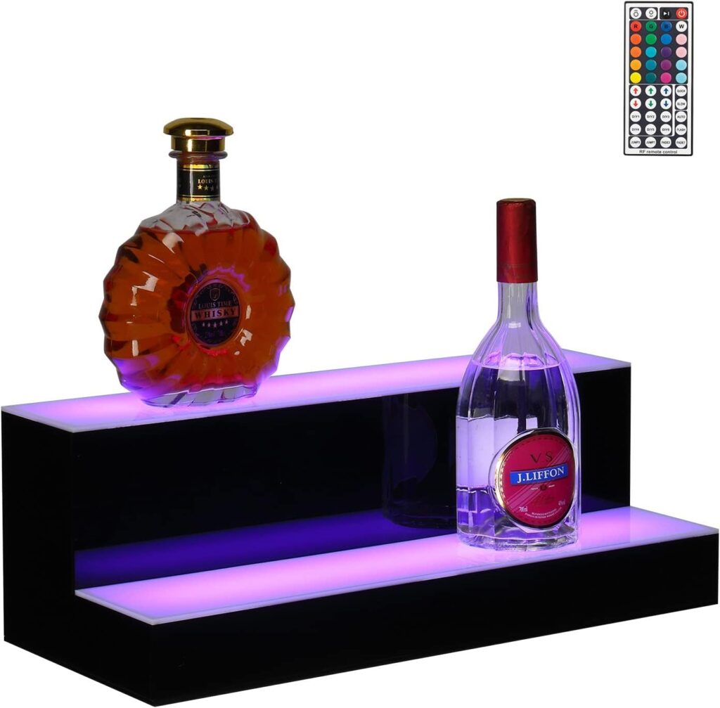 ROVSUN 2 Step 20 Inch LED Lighted Liquor Bottle Display Shelf, Illuminated Bar Shelves with Remote Control, Acrylic Lighted Drinks Lighting Shelves for Liquor Bottles Commercial Home Bar Accessories