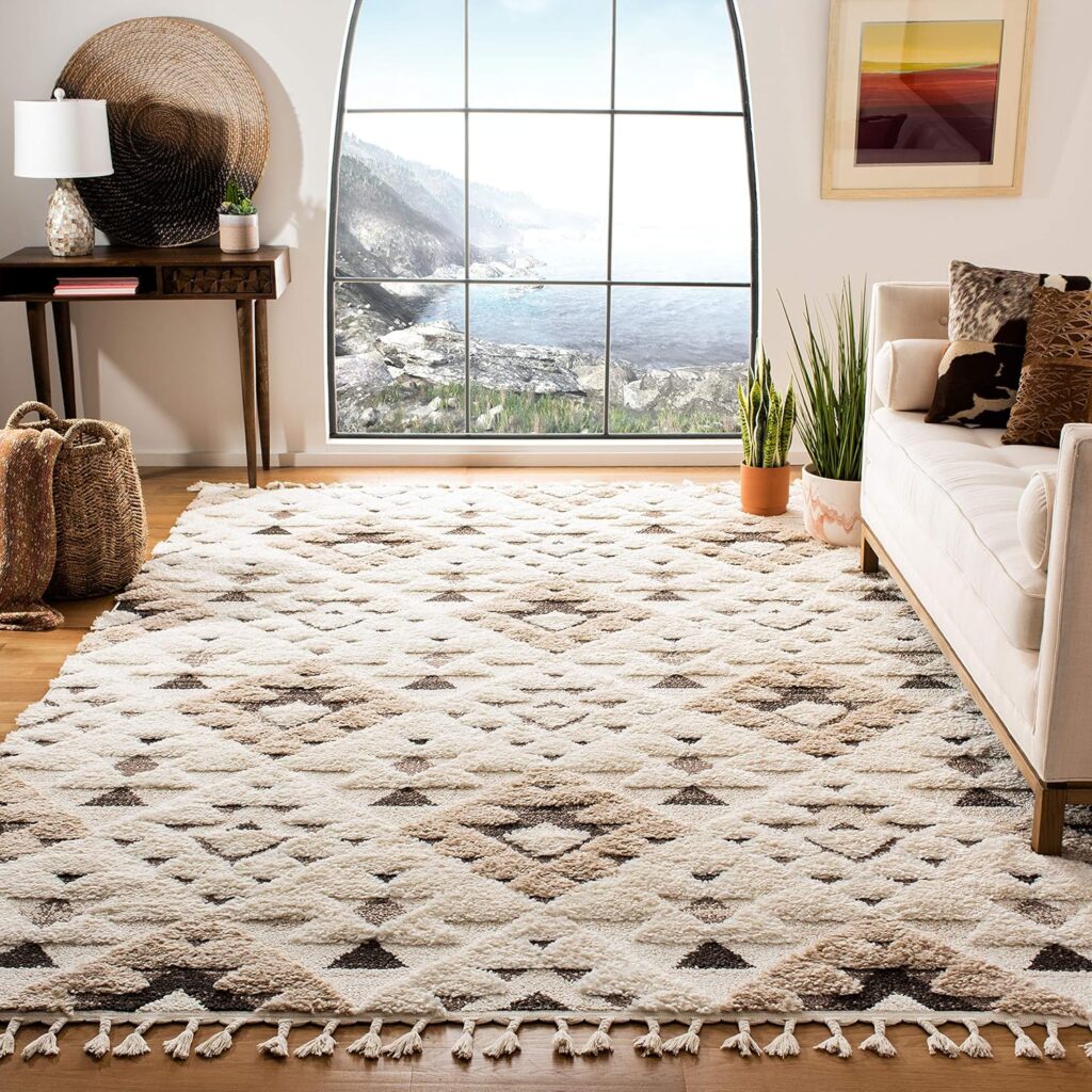 SAFAVIEH Moroccan Tassel Shag Collection Area Rug - 67 x 92, Ivory  Brown, Boho Design, Non-Shedding  Easy Care, 2-inch Thick Ideal for High Traffic Areas in Living Room, Bedroom (MTS688A)