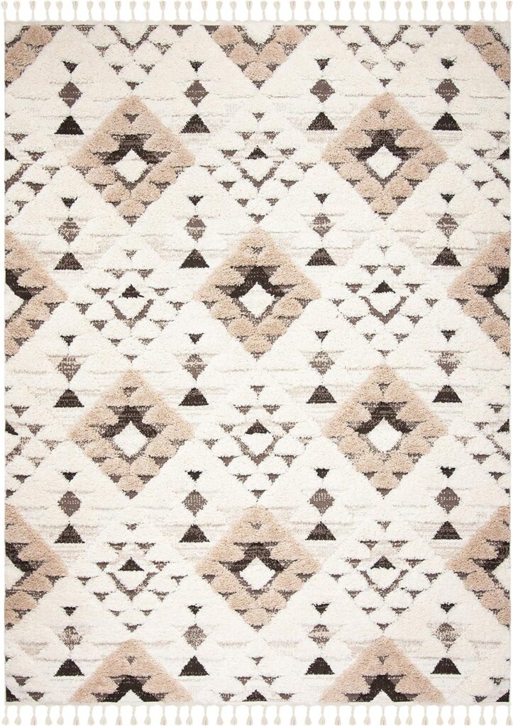 SAFAVIEH Moroccan Tassel Shag Collection Area Rug - 67 x 92, Ivory  Brown, Boho Design, Non-Shedding  Easy Care, 2-inch Thick Ideal for High Traffic Areas in Living Room, Bedroom (MTS688A)