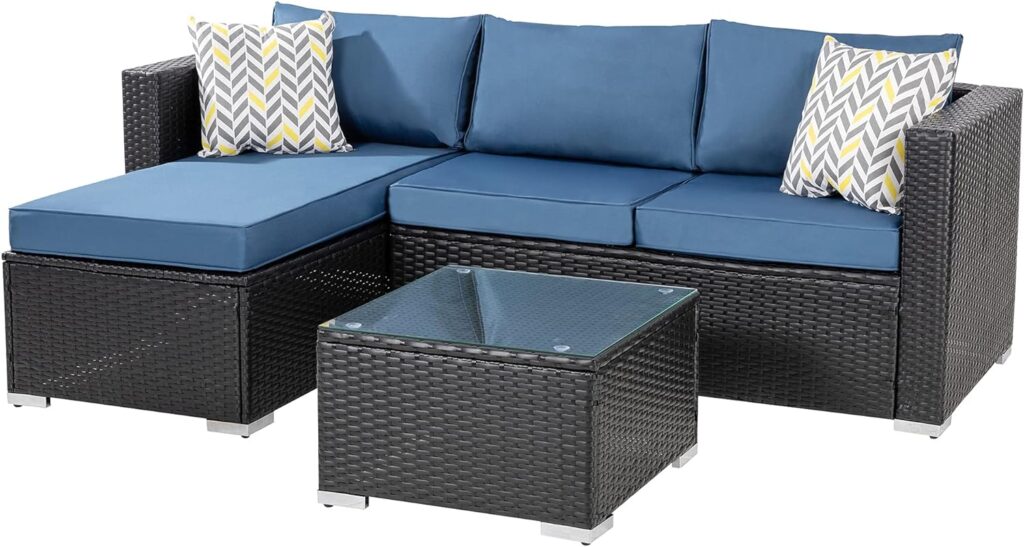 Shintenchi Patio Furniture Sets 3 Pieces Outdoor Sectional Sofa Black All-Weather Rattan Wicker Sofa Small Patio Conversation Couch with Washable Cushion and Glass Table(Aegean Blue)