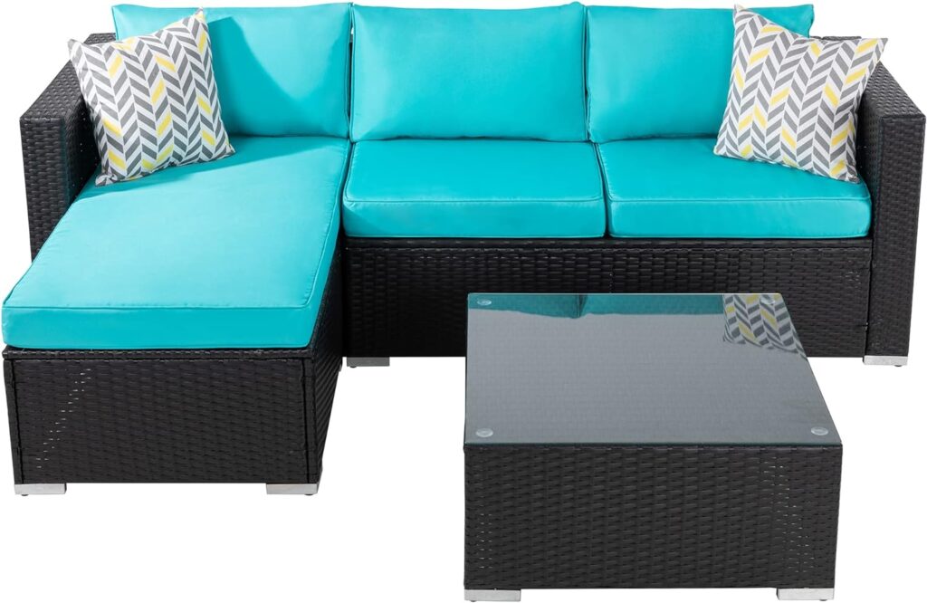 Shintenchi Patio Furniture Sets 3 Pieces Outdoor Sectional Sofa Black All-Weather Rattan Wicker Sofa Small Patio Conversation Couch with Washable Cushion and Glass Table(Aegean Blue)