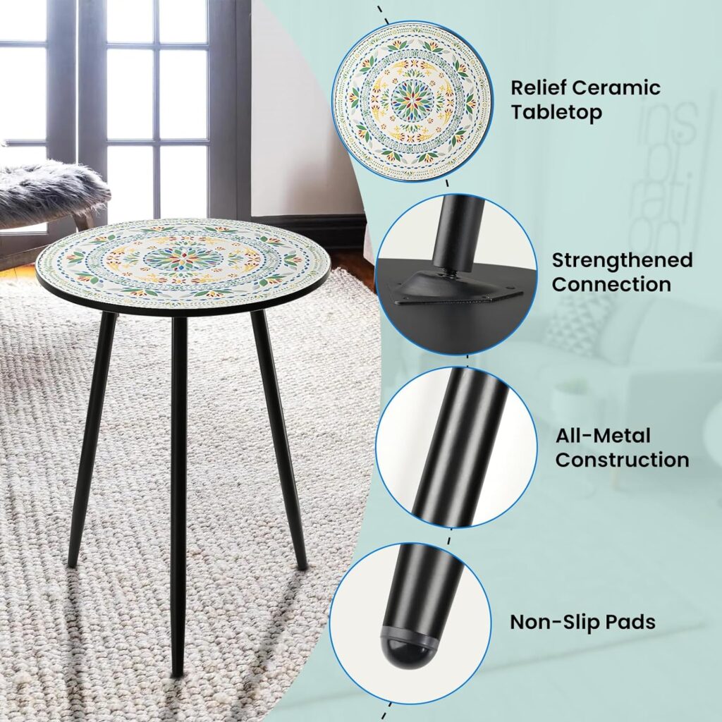 Side Table, 14 Round End Table, Unique Relief Ceramic Tile Tabletop with Metal Frame, Metal Scrollwork Accent Table, Coffee Tea Table Nightstand for Living Room, Bedroom, Indoor Outdoor Use