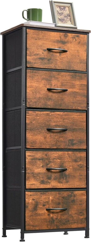 Somdot Tall Dresser for Bedroom with 5 Drawers, Storage Chest of Drawers with Removable Fabric Bins for Closet Bedside Nursery Laundry Living Room Entryway Hallway, Rustic Brown Wood Grain Print