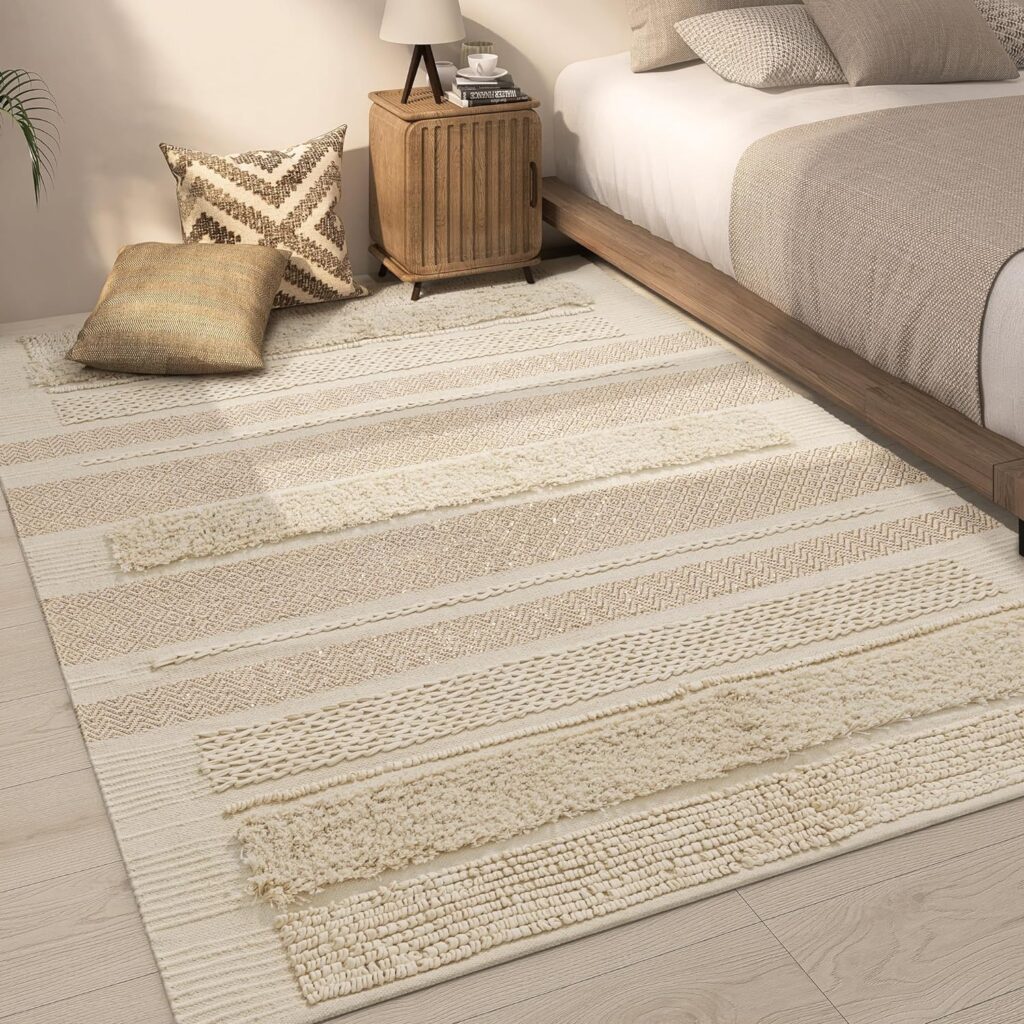 SUMGAR Beige 5x7 Area Rug Boho Rugs Cotton Woven Textured Thick Cream Neutral Throw Rug,Handmade Tufted Knoted Soft Carpet with Sparkle Gold Metalic Pattern for Living Room Bedroom Entryway