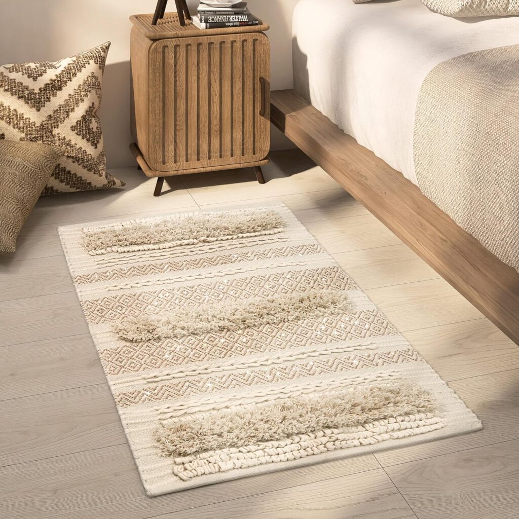 SUMGAR Beige 5x7 Area Rug Boho Rugs Cotton Woven Textured Thick Cream Neutral Throw Rug,Handmade Tufted Knoted Soft Carpet with Sparkle Gold Metalic Pattern for Living Room Bedroom Entryway