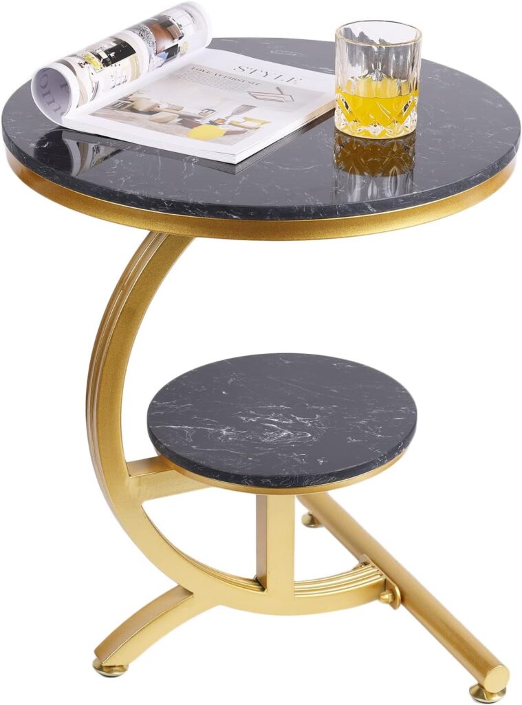 suruim Luxury Marble Round Coffee Table Sofa Side Table Corner Table Living Room Sofa End Bedside Table Outdoor Indoor Furniture (Gold+Black)