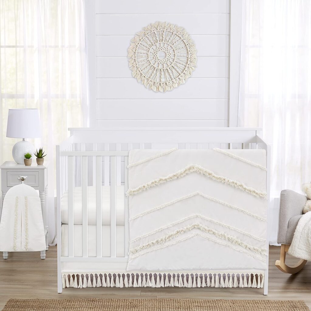 Sweet Jojo Designs Ivory Boho Chic Boy Girl Baby Crib Bedding Set Infant Nursery Room Solid Color Beige Cream Gender Nuetral Bohemian Modern Farmhouse Designer Unisex Tassel Fringe Macrame Cotton