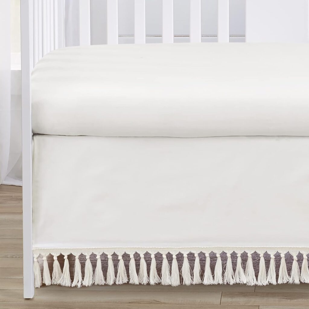 Sweet Jojo Designs Ivory Boho Chic Boy Girl Baby Crib Bedding Set Infant Nursery Room Solid Color Beige Cream Gender Nuetral Bohemian Modern Farmhouse Designer Unisex Tassel Fringe Macrame Cotton