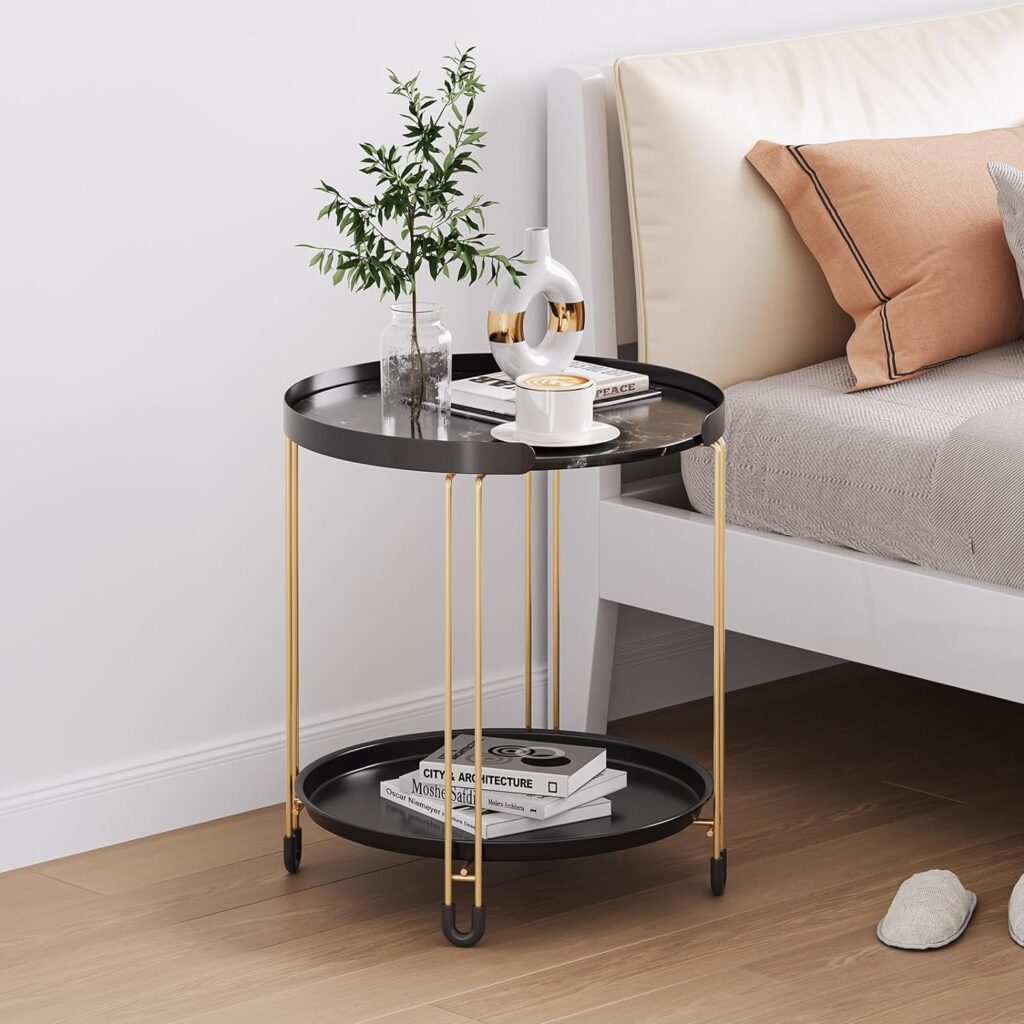 TOOLF 2-Tier End Table Round Side Table with Golden Metal Frame, Sofa Coffee Table,Small Nightstand with Removable Tray, Accent Table for Bedroom Balcony Office, Living Room Furniture,Black