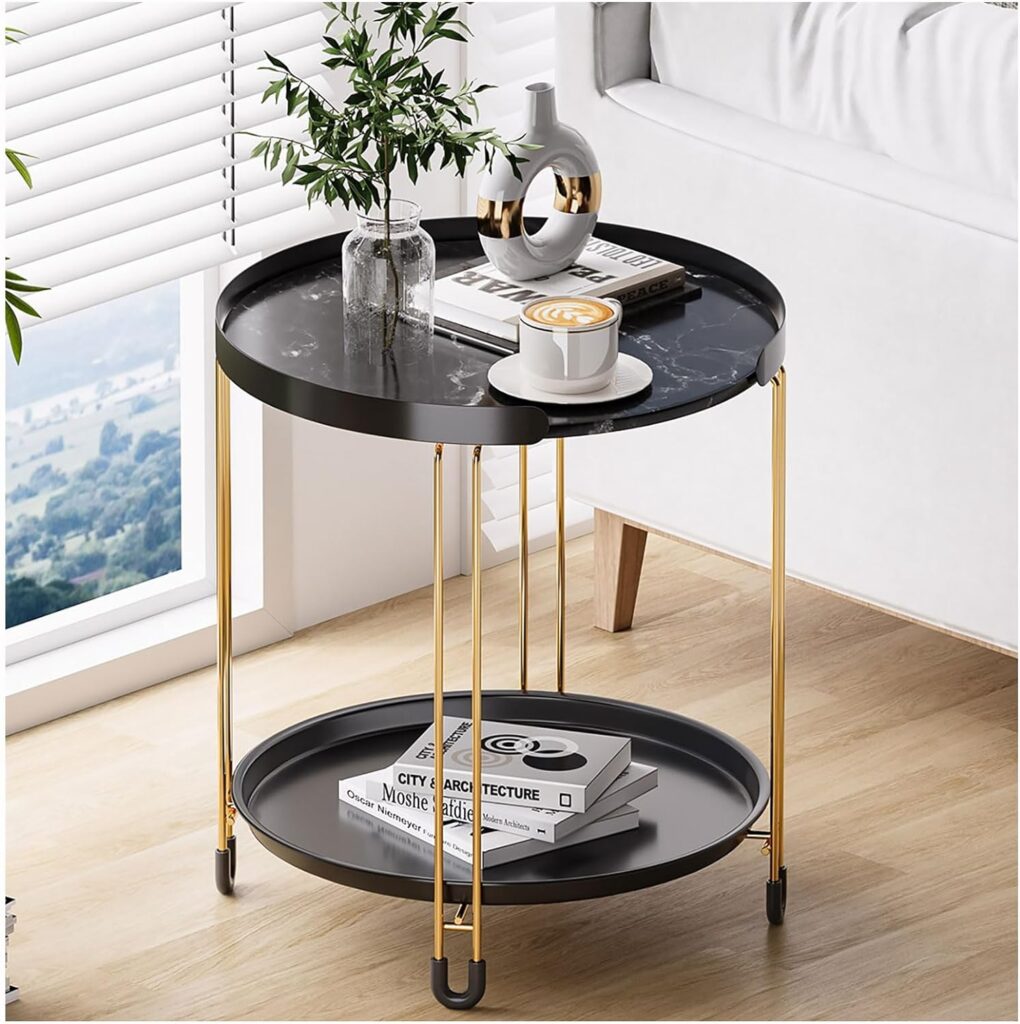 TOOLF 2-Tier End Table Round Side Table with Golden Metal Frame, Sofa Coffee Table,Small Nightstand with Removable Tray, Accent Table for Bedroom Balcony Office, Living Room Furniture,Black