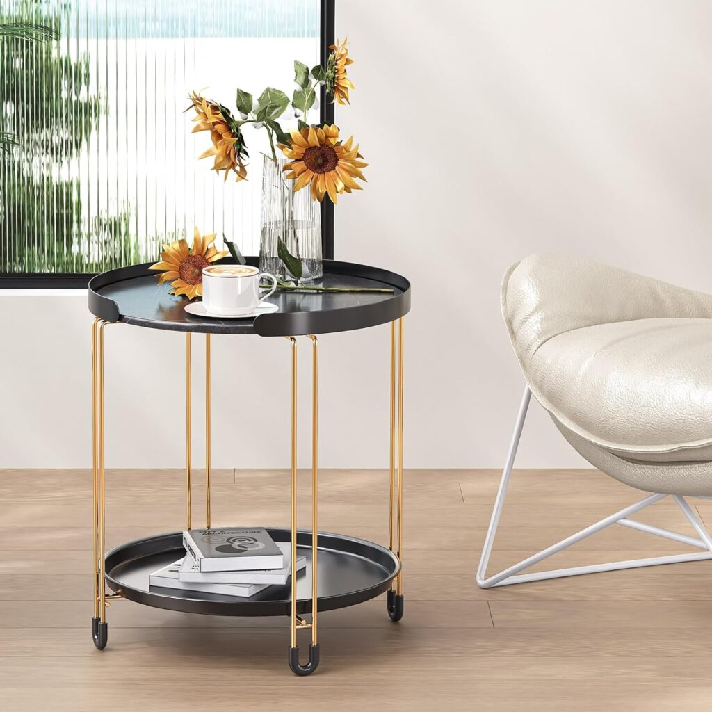 TOOLF 2-Tier End Table Round Side Table with Golden Metal Frame, Sofa Coffee Table,Small Nightstand with Removable Tray, Accent Table for Bedroom Balcony Office, Living Room Furniture,Black