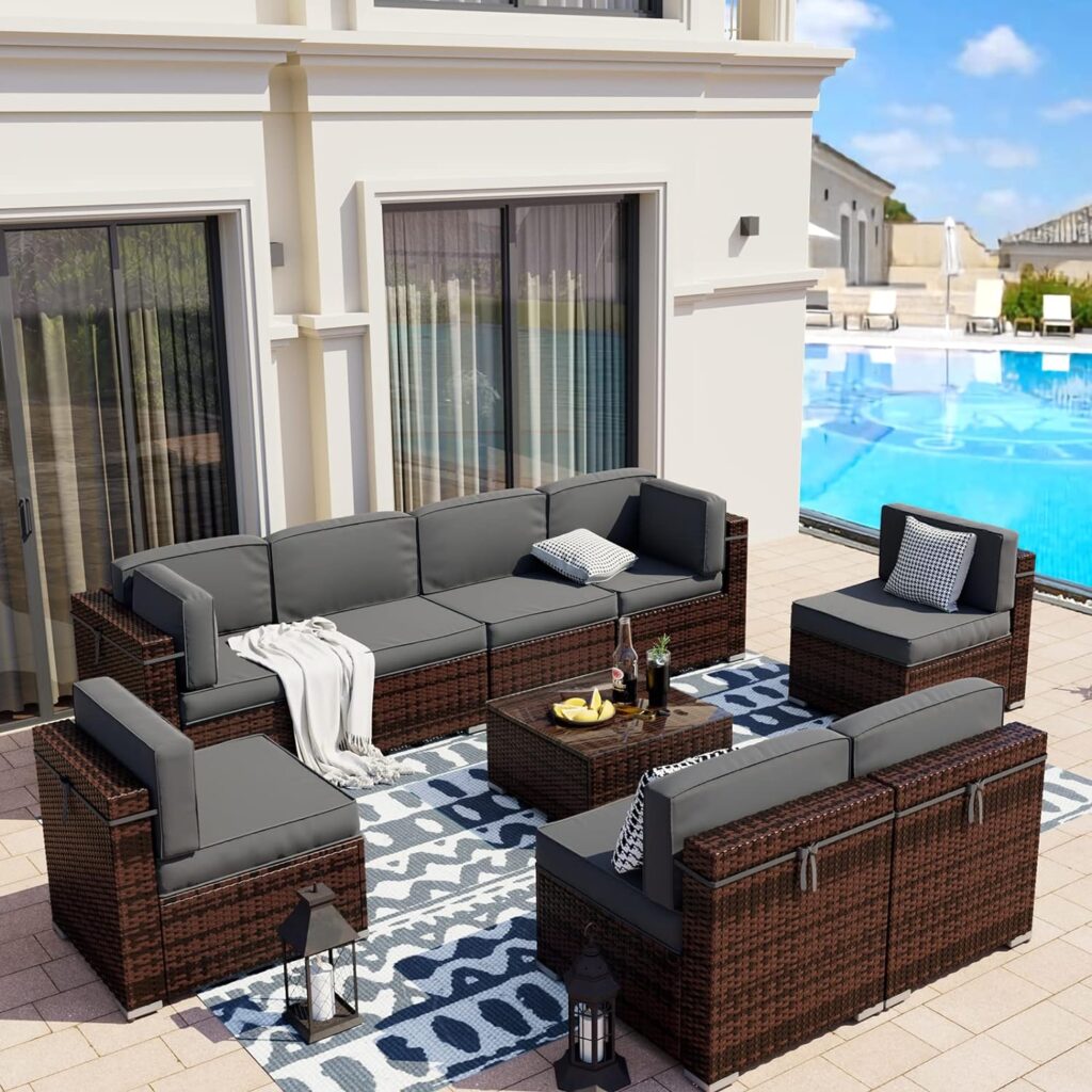 UDPATIO Patio Furniture Sets, Modular Rattan Outdoor Sectional Sofa Set, Wicker Conversation Set for Backyard, Deck, Poolside w/Glass Coffee Table, 7PC Grey (Include Sofa Cover)