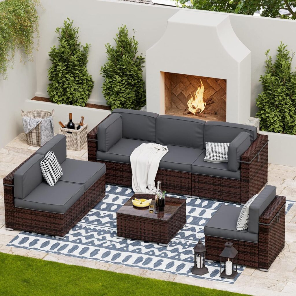 UDPATIO Patio Furniture Sets, Modular Rattan Outdoor Sectional Sofa Set, Wicker Conversation Set for Backyard, Deck, Poolside w/Glass Coffee Table, 7PC Grey (Include Sofa Cover)