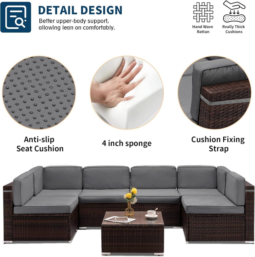 UDPATIO Patio Furniture Sets, Modular Rattan Outdoor Sectional Sofa Set, Wicker Conversation Set for Backyard, Deck, Poolside w/Glass Coffee Table, 7PC Grey (Include Sofa Cover)