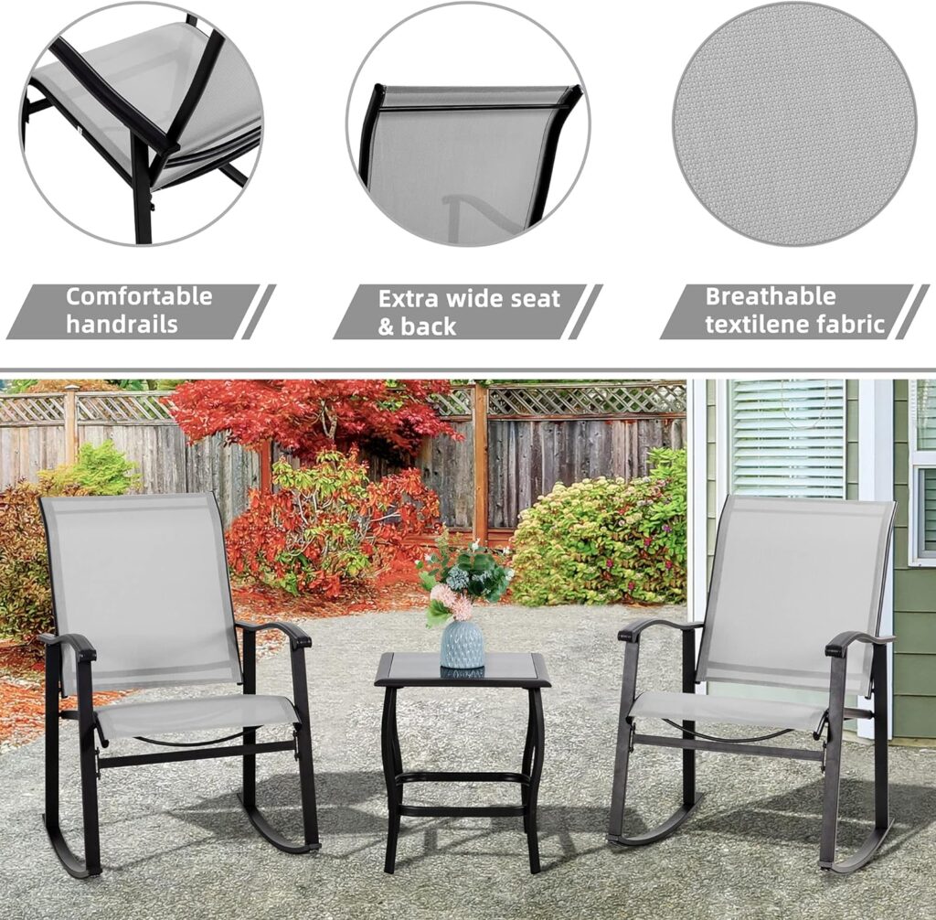 Vongrasig 3 Piece Outdoor Rocking Bistro Set, Textilene Fabric Small Patio Furniture Set, Front Porch Rocker Chairs Conversation Set with Glass Table for Lawn, Garden, Balcony, Poolside (Light Gray)