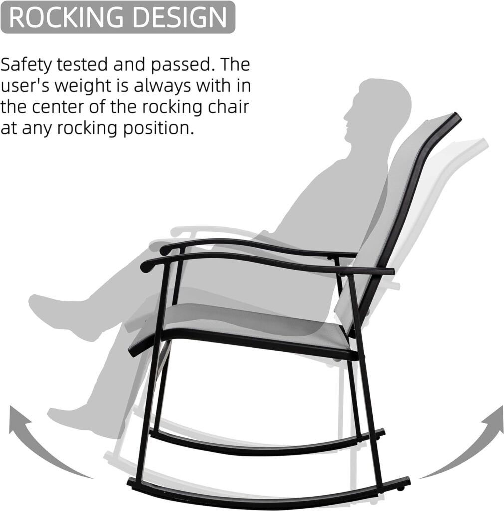Vongrasig 3 Piece Outdoor Rocking Bistro Set, Textilene Fabric Small Patio Furniture Set, Front Porch Rocker Chairs Conversation Set with Glass Table for Lawn, Garden, Balcony, Poolside (Light Gray)