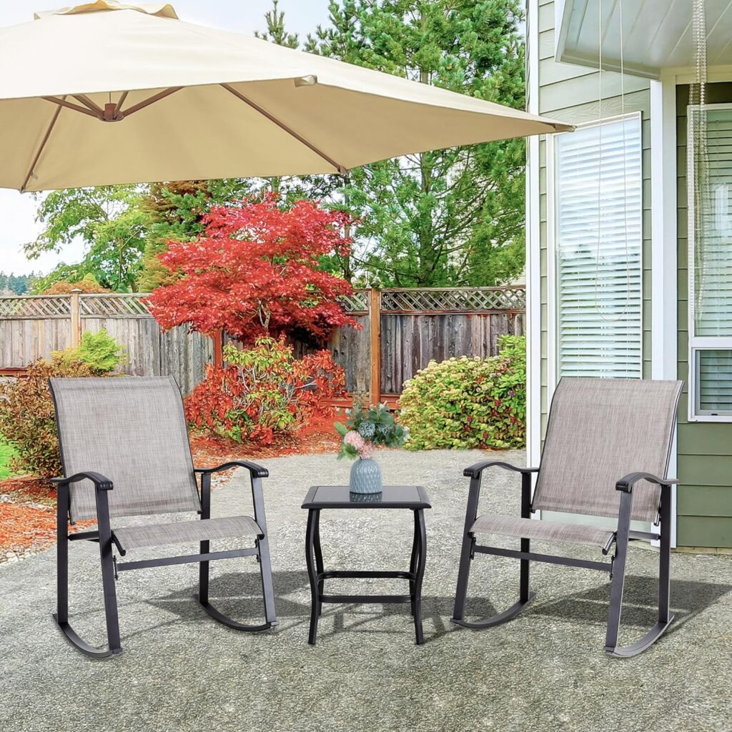 Vongrasig 3 Piece Outdoor Rocking Bistro Set, Textilene Fabric Small Patio Furniture Set, Front Porch Rocker Chairs Conversation Set with Glass Table for Lawn, Garden, Balcony, Poolside (Light Gray)