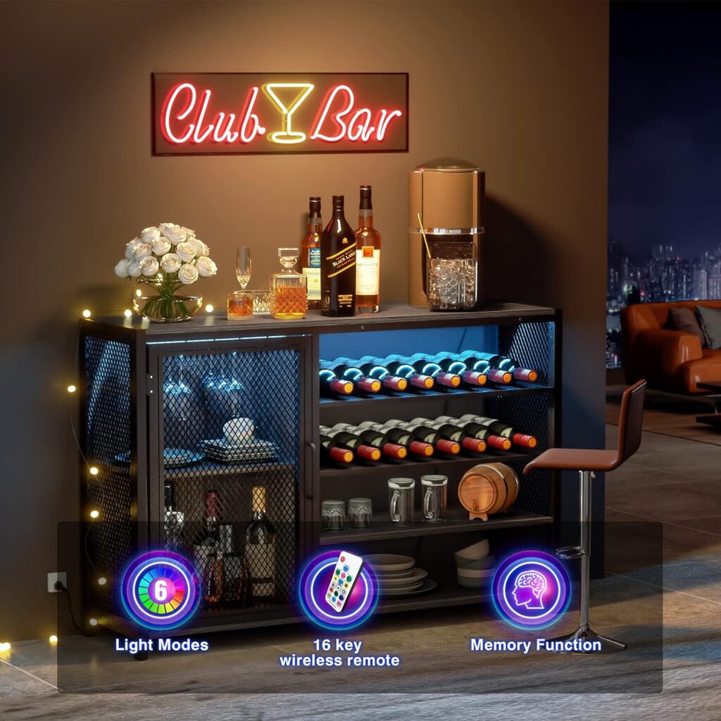 WASAGUN Liquor Cabinet Bar for Home, Wine Bar Cabinet with RGB LED Lights Outlet, Bar Table Home Mini Bar Coffee Bar