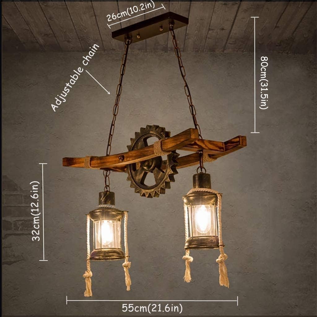 Wood Retro Pendant Lighting Industrial Vintage Chandelier Black Metal Bedroom Restaurant Suspension Lamp Cage Frame with Glass Shade House Loft Bar Coffee Decoration Ceiling Lights Fitting, E2