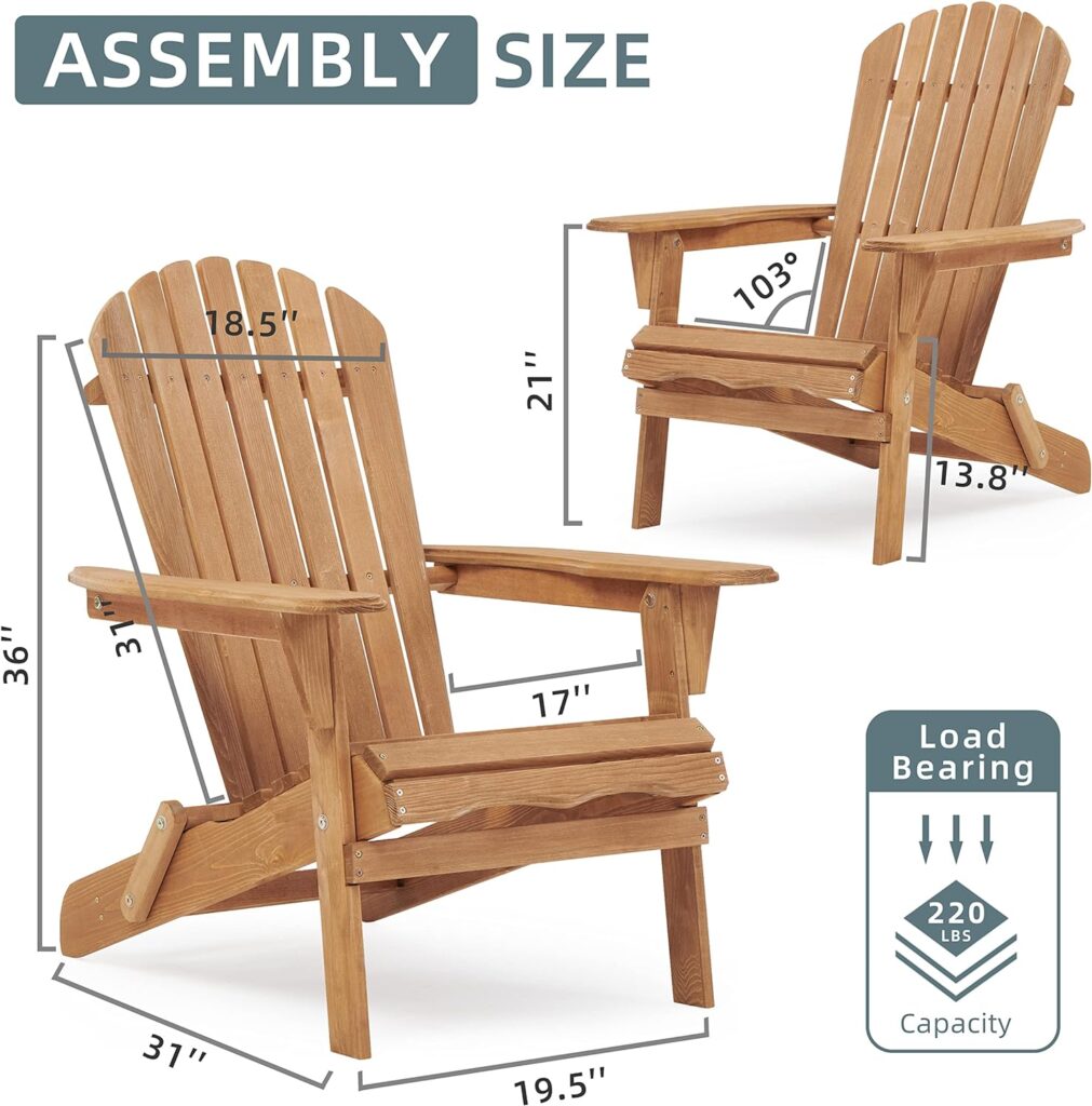 Wooden Folding Adirondack Chair Set of 2, Half Pre-Assembled Wood Lounge Chair for Outdoor Patio Garden Lawn Backyard Deck Pool Beach Firepit Light Brown