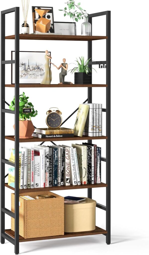 Yoobure 5 Tier Bookshelf - Tall Book Shelf Modern Bookcase for CDs/Movies/Books, Rustic Book Case Industrial Bookshelves Book Storage Organizer for Bedroom Home Office Living Room Rustic Brown