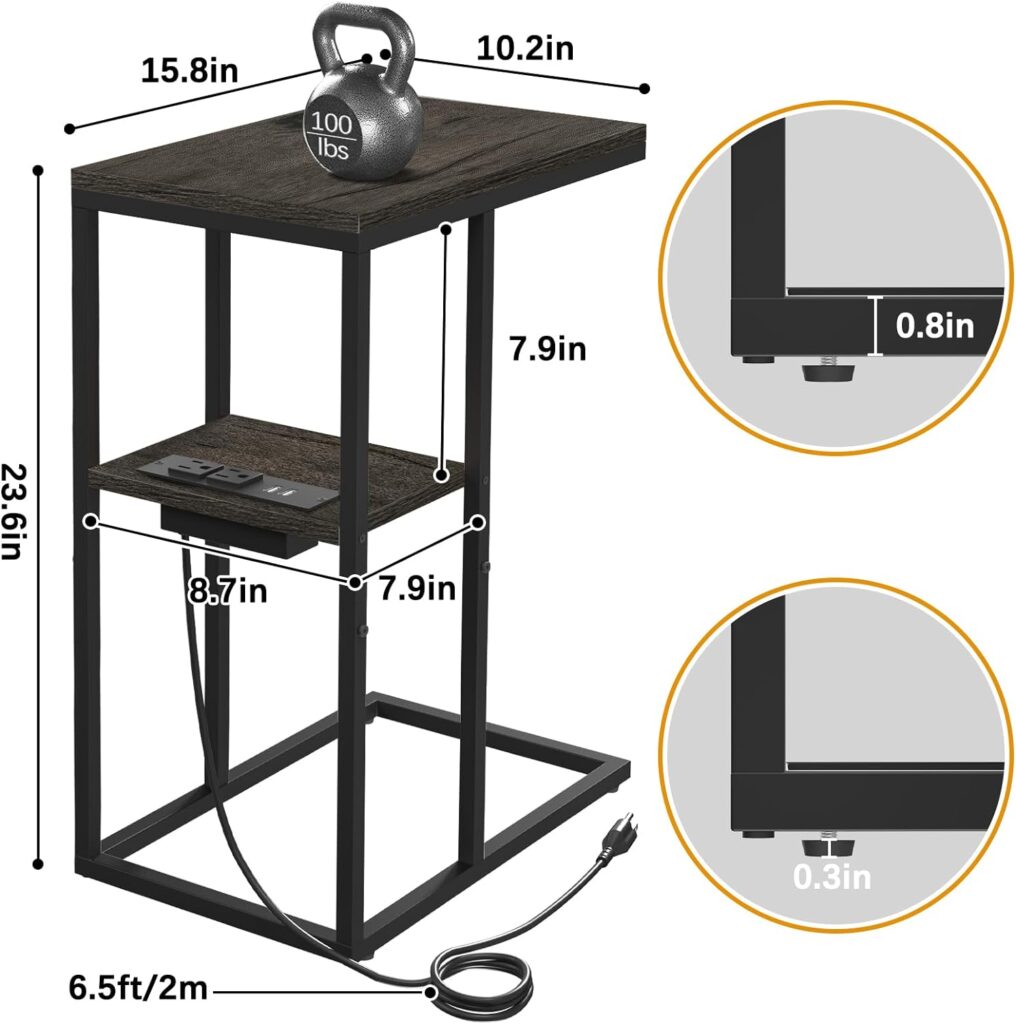 Yoobure C Shaped End Table with Charging Station, Small Side Tables for Living Room, Bedroom, Sofa Table with USB Ports and Outlets for Small Spaces, C Couch Table Rustic Snack Table Bed Side Table