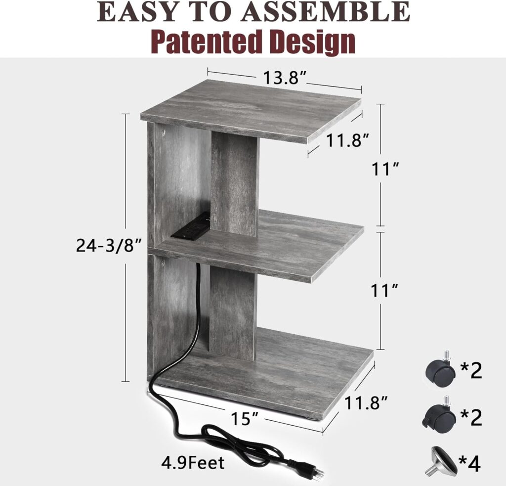 ZGREN End Table with Charging Station, Narrow Side Tables for Small Spaces with USB Ports and Outlets Rolling Bedside Nightstand Sofa Couch Side Slim Shelf Night Stand for Living Room, Bedroom, Grey