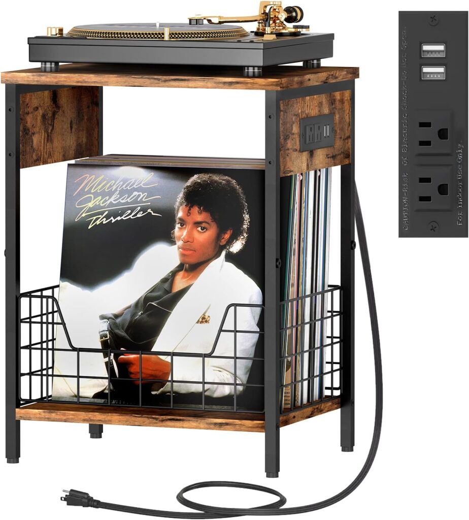 2-Tier Record Player Stand, Industrial Retro Side Table with Charging Station USB Ports, End Table with Record Album Storage, Nightstand Small Table for Living Room Bedroom Small Spaces-Rustic Brown