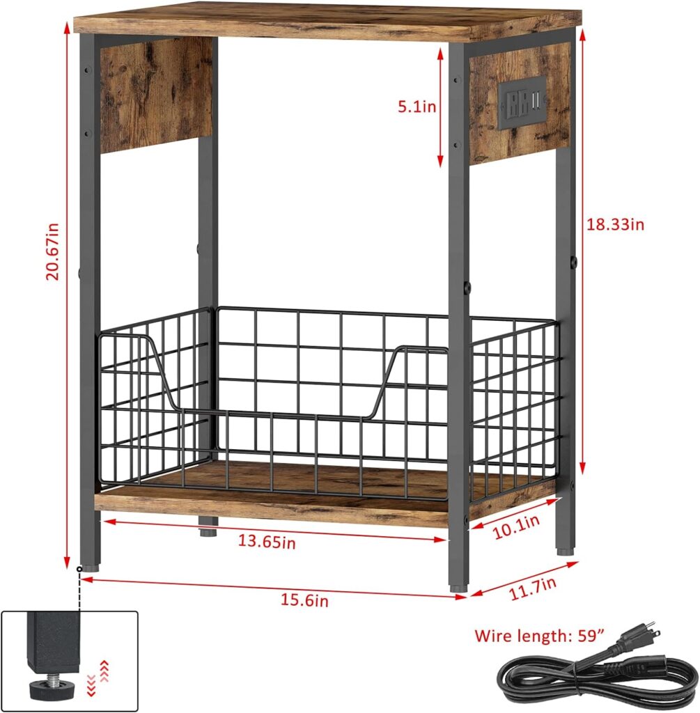 2-Tier Record Player Stand, Industrial Retro Side Table with Charging Station USB Ports, End Table with Record Album Storage, Nightstand Small Table for Living Room Bedroom Small Spaces-Rustic Brown