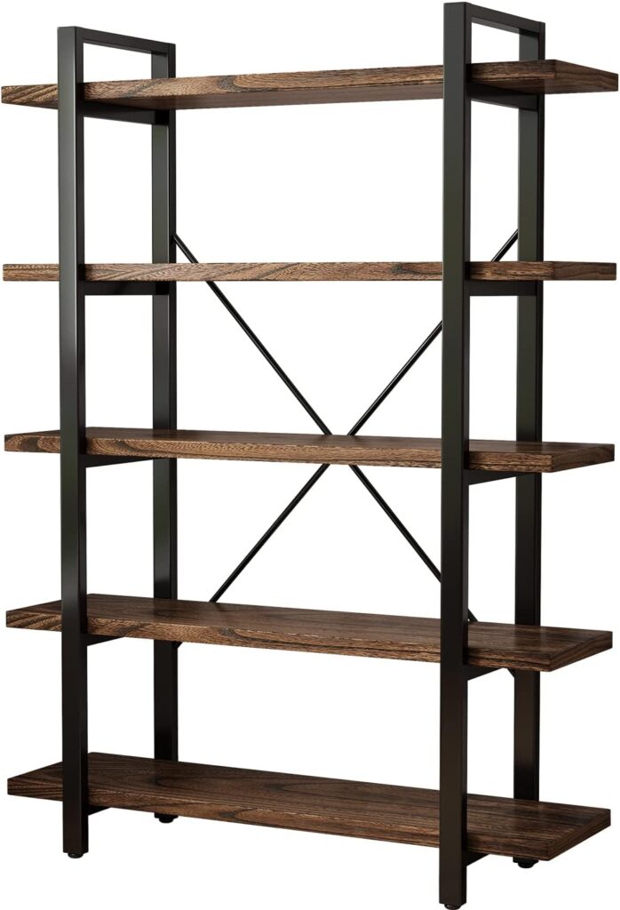 5-Tier Industrial Style Solid Wood Bookcase and Book Shelves,Rustic Wood and Metal Shelving Unit， Living Room,Modern Rustic Open Industrial Book Shelf Office,Distressed Brown (AY-02-5Tier)