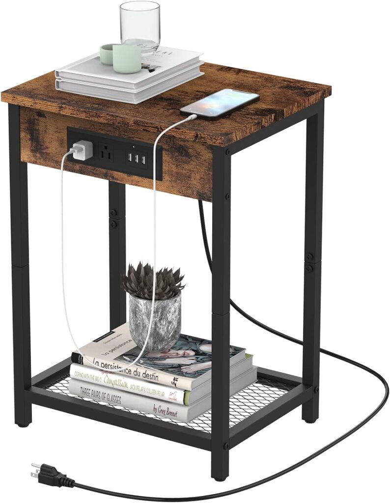 CADUKE Nightstand with Charging Station, Small Bedside Table with USB Ports and Power Outlets, Industrial Brown Side Table for Bedroom, Living Room, Farmhouse