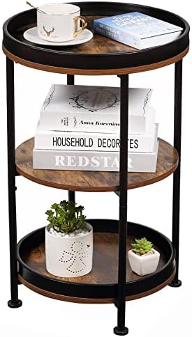 Dulcii Industrial Round End Table, 3 Tiers Round Side Table with Sturdy Metal Frame, Metal Round Sofa Table, Vintage Nightstand for Living Room Bedroom, Easy Assembly, Wood Look Accent Furniture