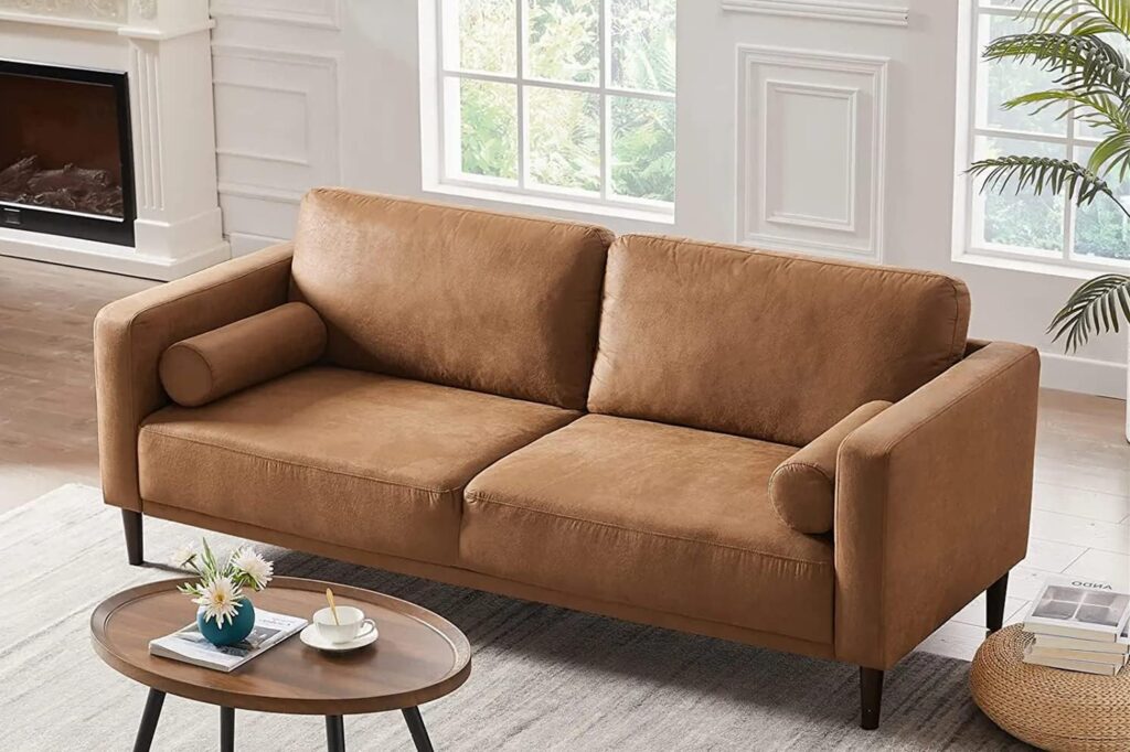 HIFIT Sofa Couches, 79” Mid-Century Modern Couch, Breathable Faux Leather Couch with Upholstered Cushions/Pillows, 3-Seat Sofas  Couches, for Living Room Apartment Office, Brown