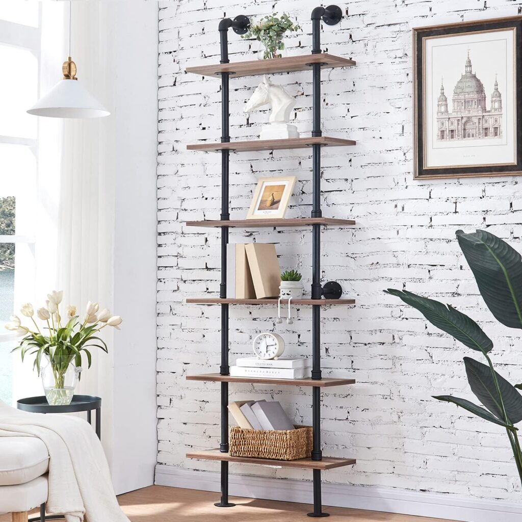 HOMBAZAAR Industrial Bookshelf, 6-Tier Industrial Pipe Bookshelf, Wall Mounted Ladder Shelves with Metal Frame for Home Office, Living Room, Oak Brown