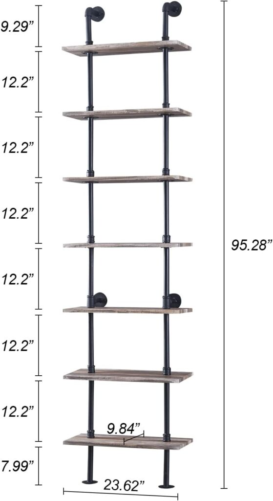 HOMBAZAAR Industrial Bookshelf, 6-Tier Industrial Pipe Bookshelf, Wall Mounted Ladder Shelves with Metal Frame for Home Office, Living Room, Oak Brown