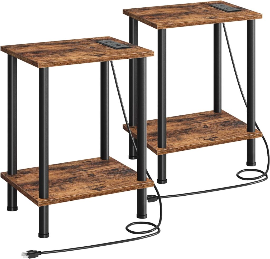 HOOBRO Side/End Table with Charging Station, Set of 2 with USB Ports and Outlets, Nightstand with 2-Layer Storage Shelves for Small Spaces, Living Room, Bedroom, Rustic Brown BF09UBZP201