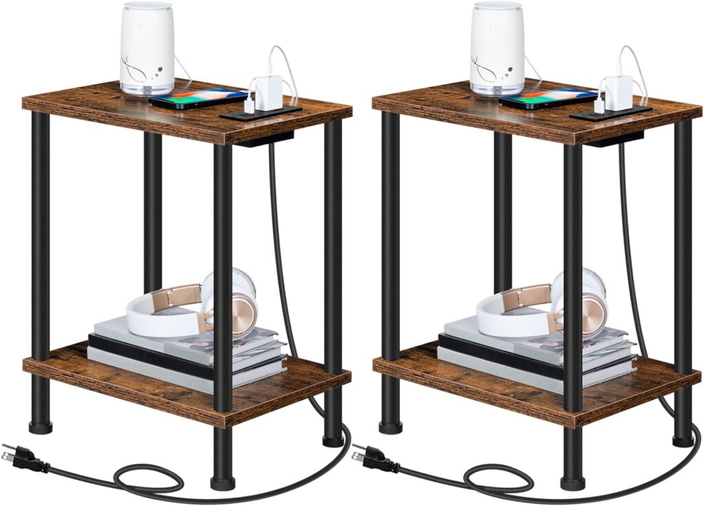 HOOBRO Side/End Table with Charging Station, Set of 2 with USB Ports and Outlets, Nightstand with 2-Layer Storage Shelves for Small Spaces, Living Room, Bedroom, Rustic Brown BF09UBZP201