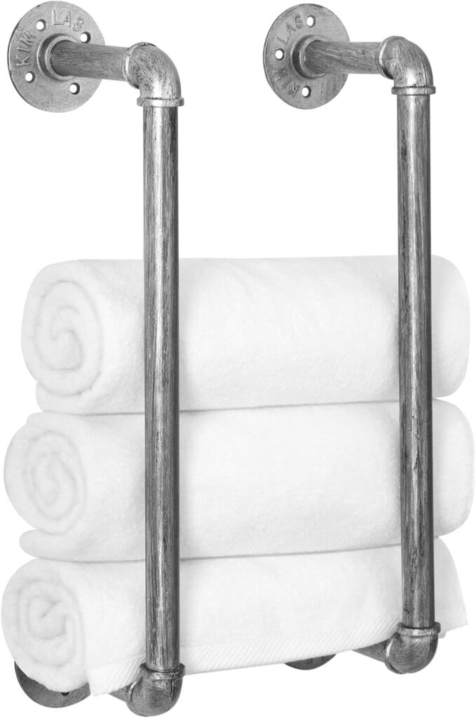 HouseAid Industrial Pipe Towel Rack, Farmhouse Bathroom Towel Storage Holder, Vintage Style Towel Organization, Wall Mounted, Antique Silver