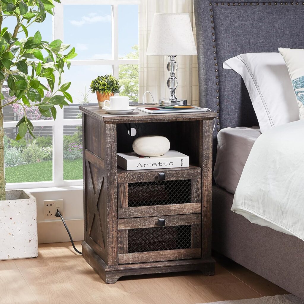 LDTTCUK Nightstand with Charging Station, End Table with 2 Drawers  Open Storage,Sofa Side Table with Mesh Drawers, Farmhouse Design Bedside Table for Living Room, Bedroom, Dark Rustic Oak