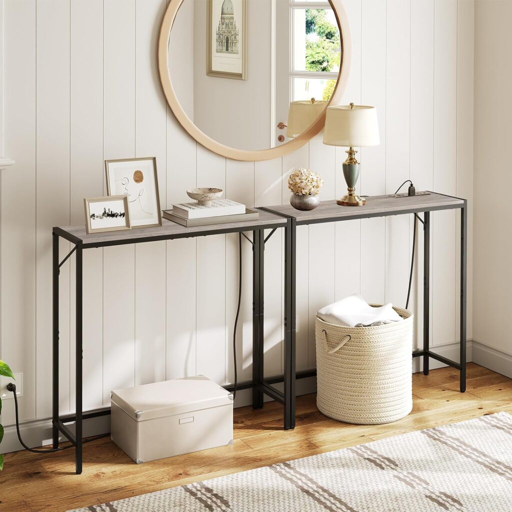 MAHANCRIS Console Table with Power Station, 30.1” Entryway Table, Behind Sofa Table, Industrial Style, Outlets and USB Ports, Sturdy, for Living Room, Entryway, Foyer, Corridor, Greige CTHG76E01