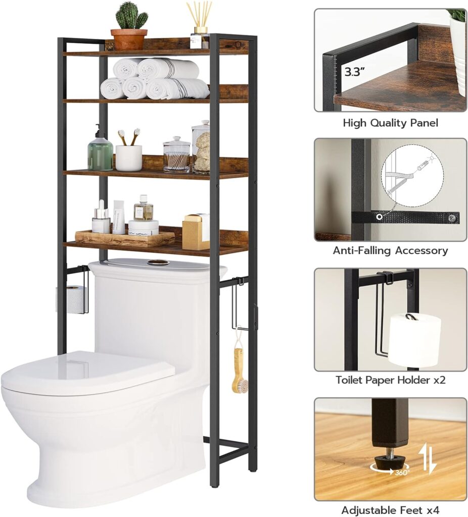 MAHANCRIS Over The Toilet Storage Rack, 4 Tier Bathroom Organizer Over Toilet, Freestanding Space Saver Toilet Stand with 2 Hooks, Bathroom Storage Shelf, Easy to Assemble, Rustic Brown TSHR0401Z