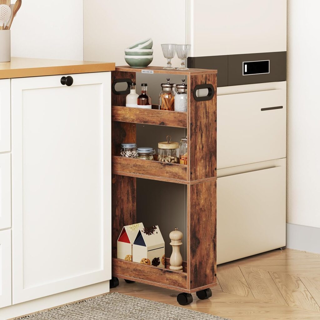 MAHANCRIS Slim Rolling Cart，4-Tier Kitchen Cart, Storage Cart for Laundry Room with Handle and Lockable Casters, Suitable for Small Spaces Rustic Brown RCHR3601